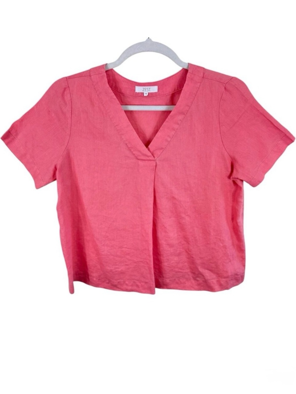ZEST 100% Linen Pink Short Sleeve V-Neck Lightweight Blouse Size 14‎